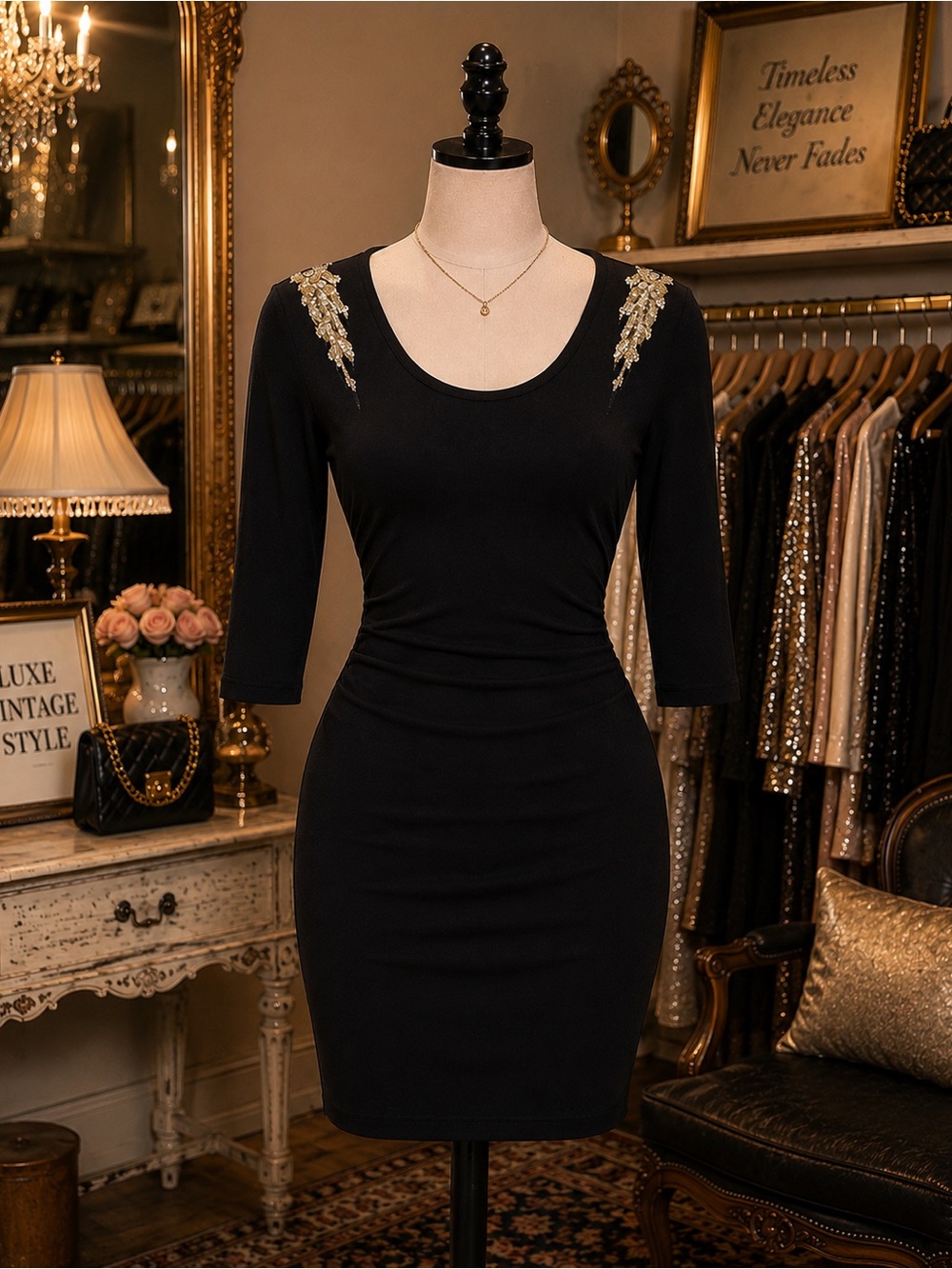 Fitted Black Gold Party Mini Dress Scoop Neck 3/4 Sleeve Sequin Stretch Size S
